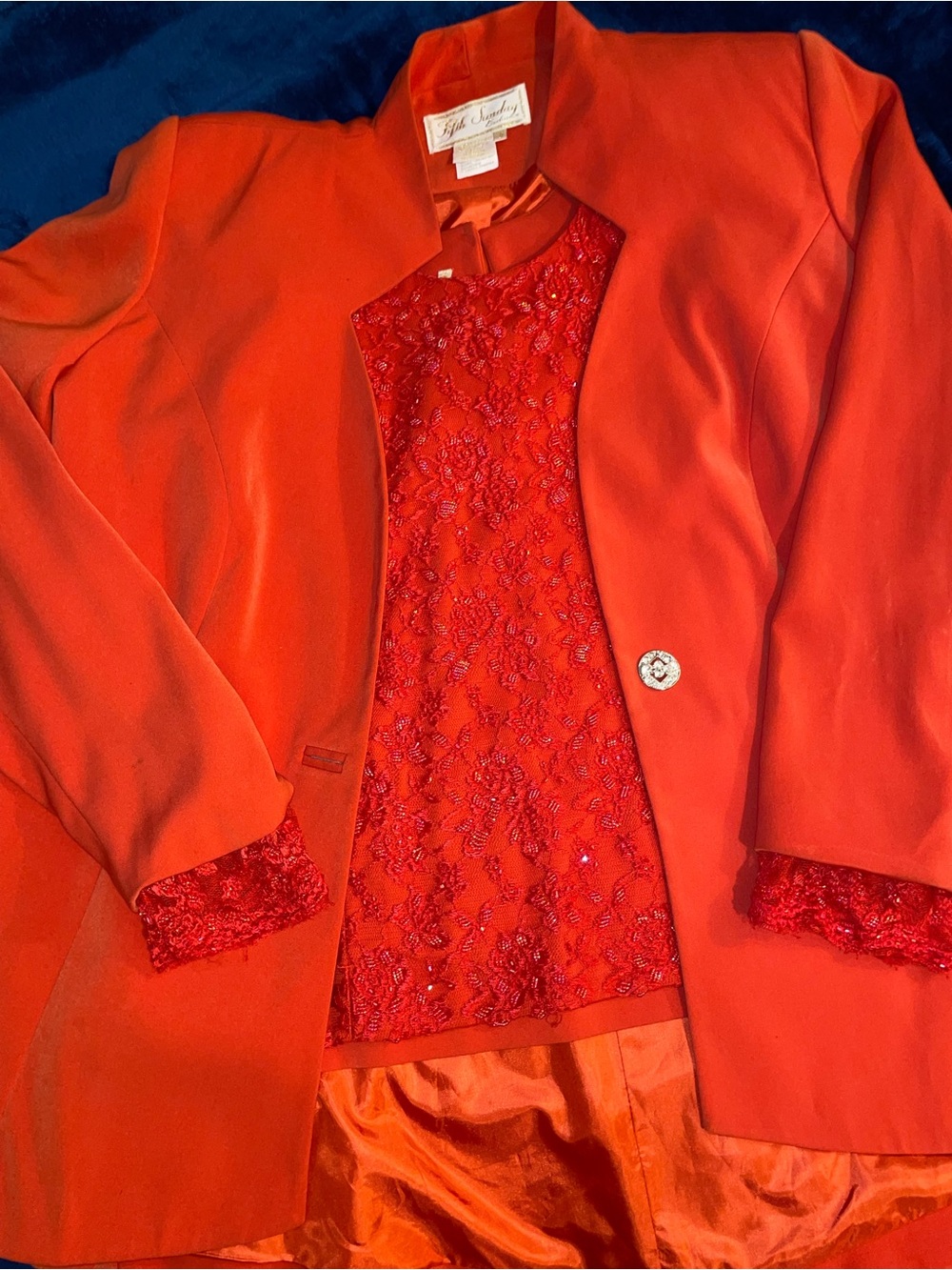 Women's Red-Orange Embellished Jacket & Blouse Set
